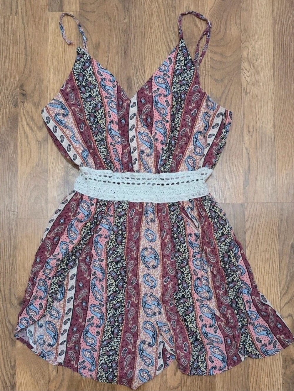 Pink Paisley Romper with White Crochet Waist